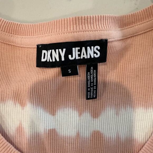 DKNY Long Sleeve Pink Tie-Dye Ribbed Top Women's Small Scoop Neck Smocked Cuffs - Picture 5 of 7